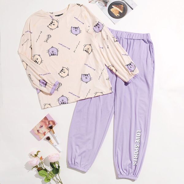 

Cat And Letter Graphic Tee & Joggers PJ Set, Multicolor