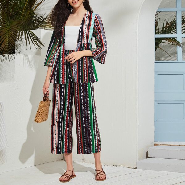 

Striped Print Open Front Top With Wide Leg Pants Without Cami Top, Multicolor