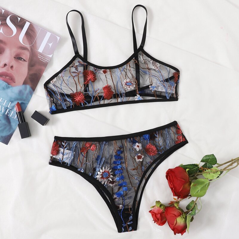 

Floral Embroidery Sheer Mesh Lingerie Set, Black