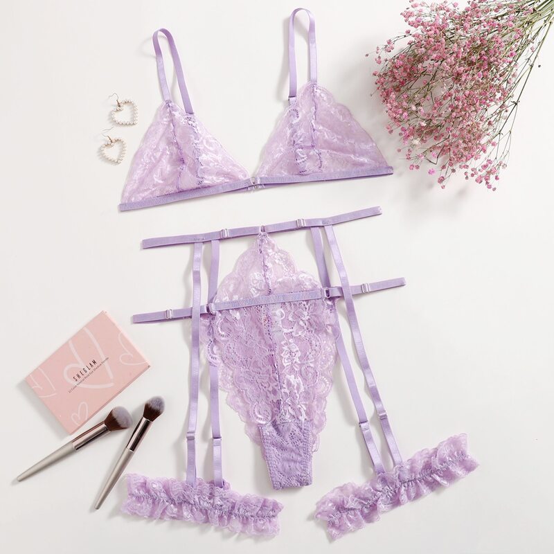 

Floral Lace Garter Thong Lingerie Set, Lilac purple
