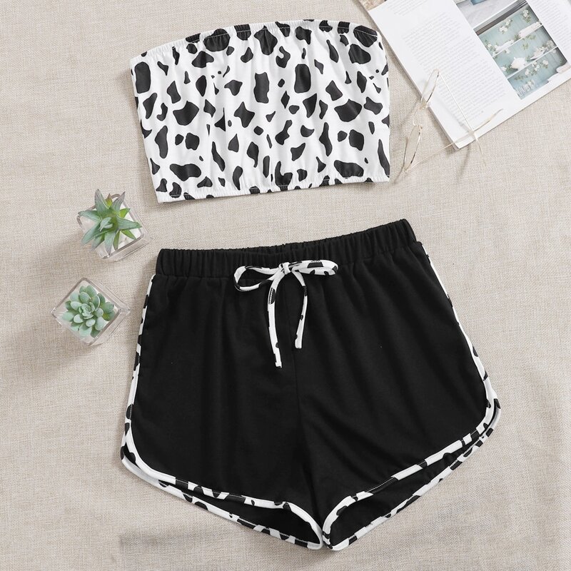 

Cow Print Tube Top PJ Set, Black and white