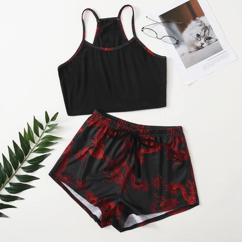 

Dragon Print Shorts PJ Set, Multicolor