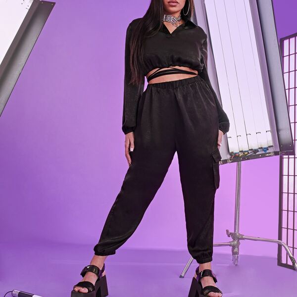 

Plus V-collar Lantern Sleeve Crisscross Tie Hem Top & Flap Pocket Pants Set, Black