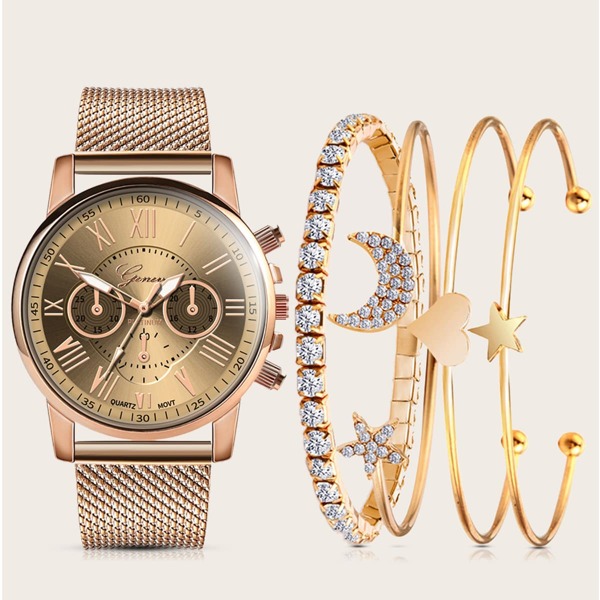 

1pc Mesh Strap Round Pointer Quartz Watch & 4pcs Bracelet