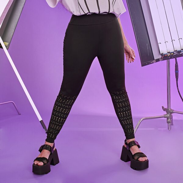 

Plus Wide Waistband Laser Cut Leggings, Black