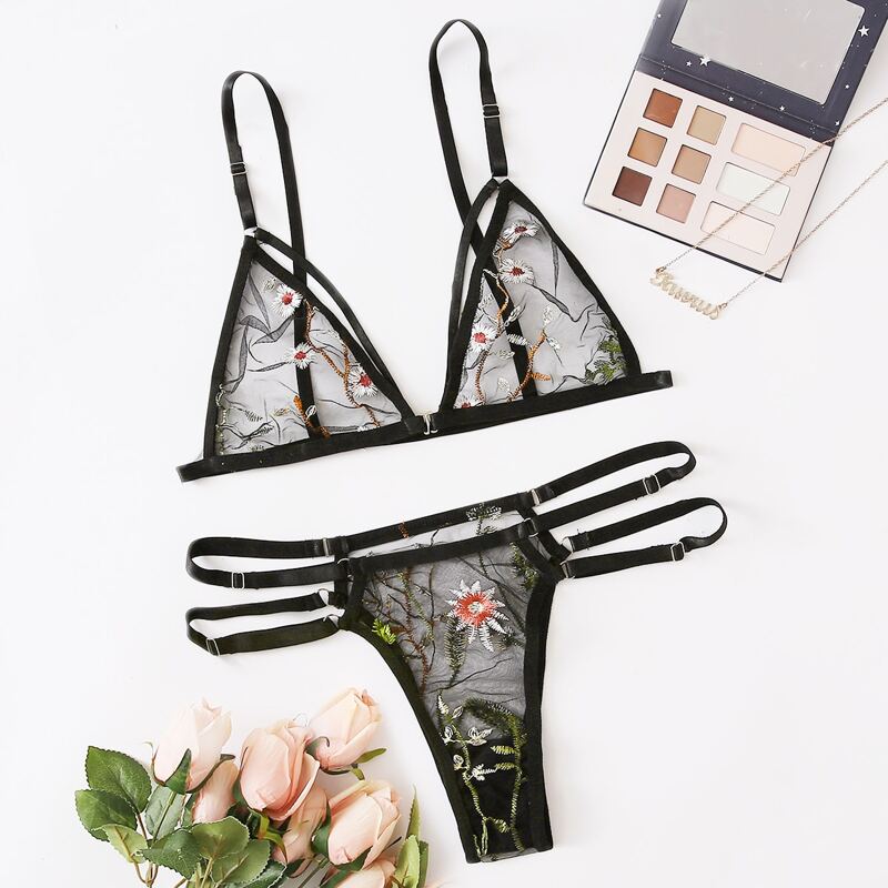 

Floral Embroidery Sheer Mesh Lingerie Set, Black