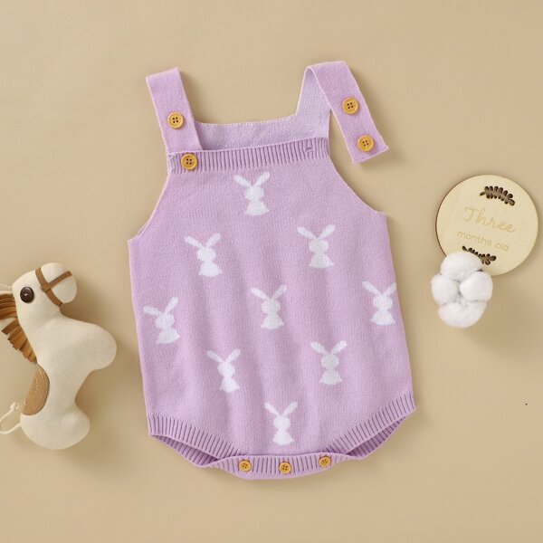 

Baby Girl Rabbit Pattern Buttoned Knit Bodysuit, Lilac purple