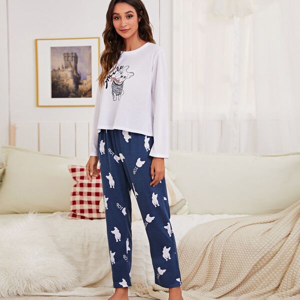 

Letter & Cartoon Graphic PJ Set, Blue and white