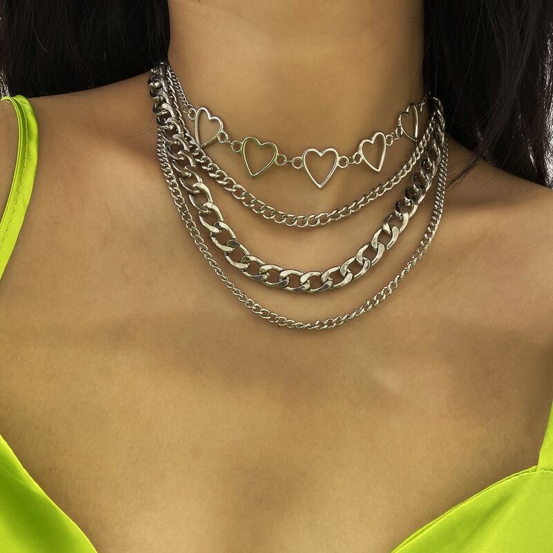 

4pcs Heart Chain Necklace, Silver