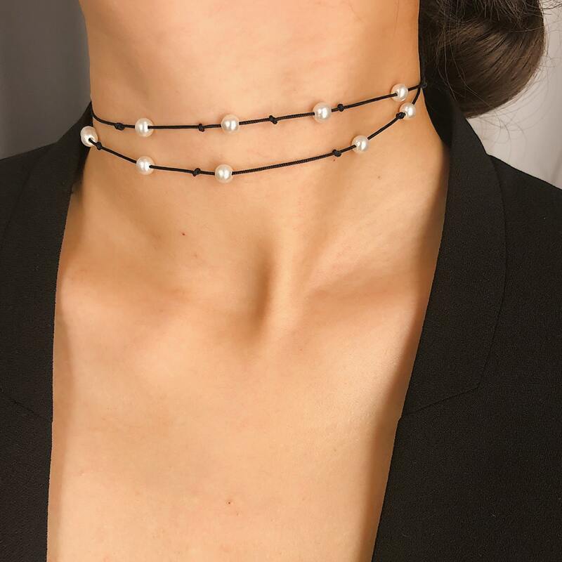 

Faux Pearl Double Layer Choker, Black