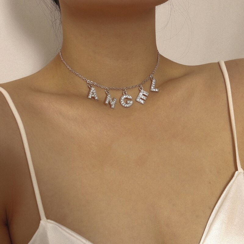 

Rhinestone Letter Charm Necklace, Silver