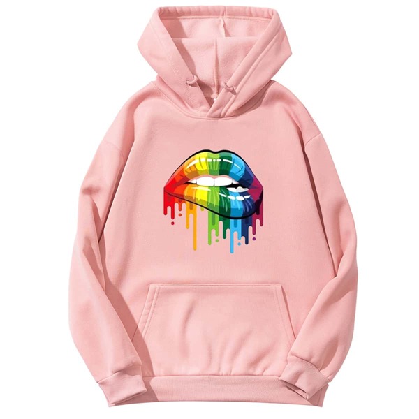 

Lip Print Kangaroo Pocket Drawstring Hoodie, Baby pink
