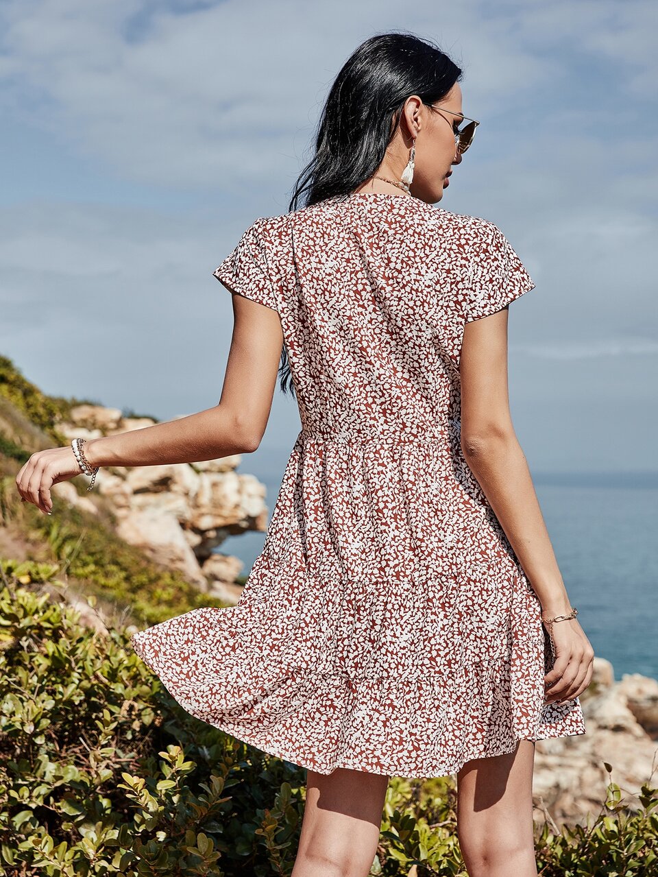 Allover Plants Print Babydoll Dress