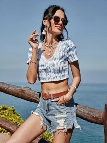 SHEIN EZwear Áo thun Tương phản ren Cà vạt nhuộm Giải trí - Xanh và trắng - Xem 5