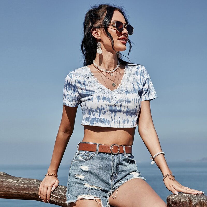 

Lace Trim Tie Dye Crop Tee, Blue and white