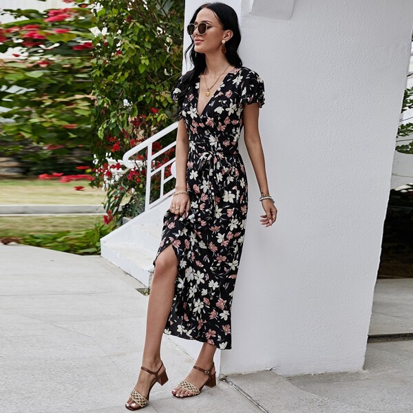 

Floral Print Belted Ruffle Hem Dress, Black