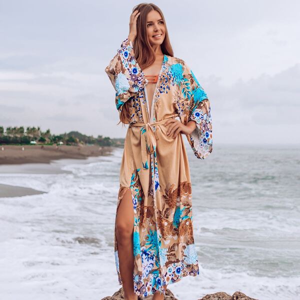 

Floral Print Split Belted Kimono, Multicolor