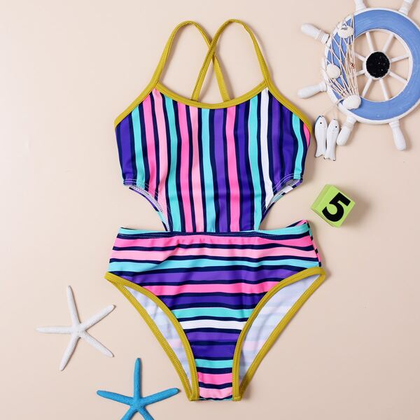

Girls Colorblock Contrast Binding One Piece Swimsuit, Multicolor
