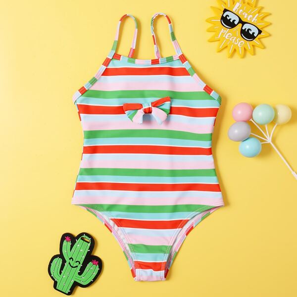 

Toddler Girls Striped Bow One Piece Swimsuit, Multicolor