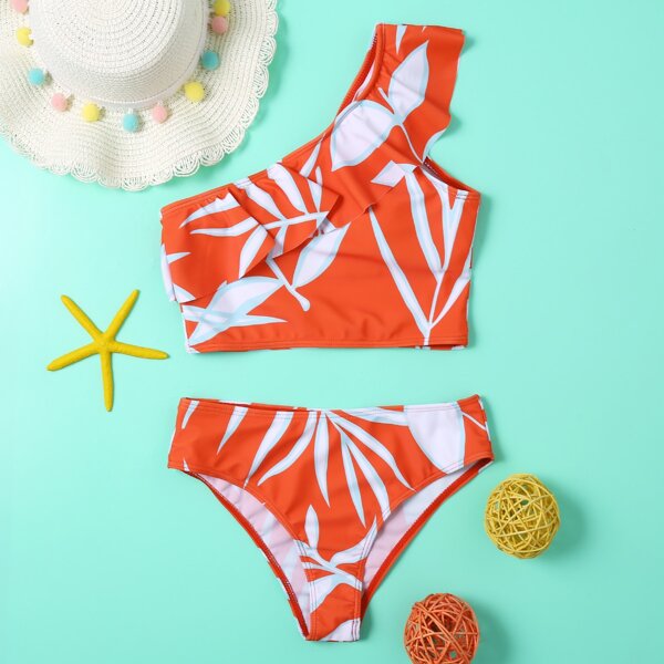 

Girls Leaf Print Ruffle Hem Bikini Swimsuit, Red