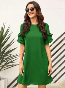 SHEIN Clasi 素色荷葉邊直筒連衣裙 - 綠色 - 查看 1