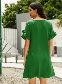 SHEIN Clasi 素色荷葉邊直筒連衣裙 - 綠色 - 查看 2