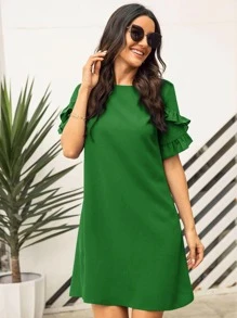 SHEIN Clasi 素色荷葉邊直筒連衣裙 - 綠色 - 查看 3