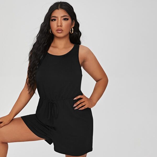 

Plus Solid Tie Front Tank Romper, Black
