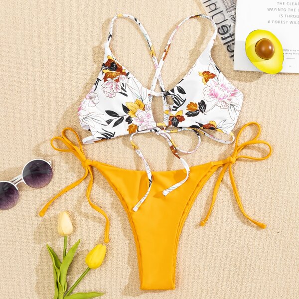 

Floral Cut-out Thong Bikini Swimsuit, Multicolor