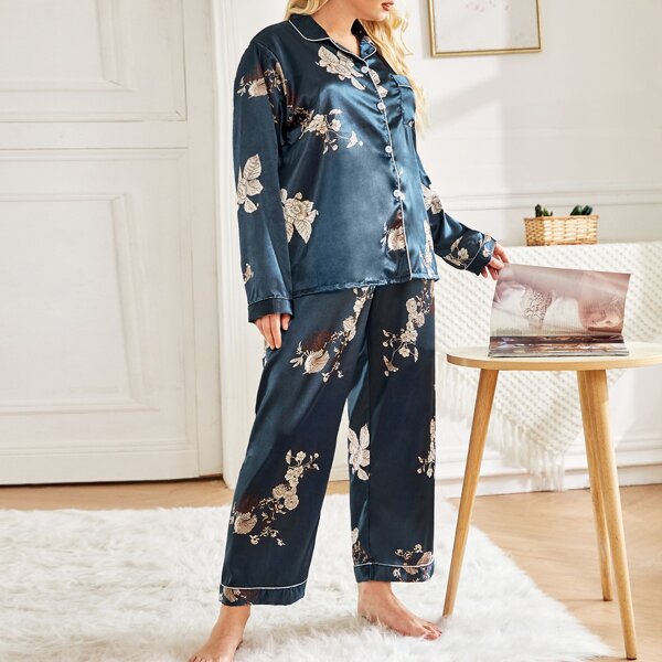 

Plus Satin Lapel Collar Floral Print Pajama Set, Navy blue