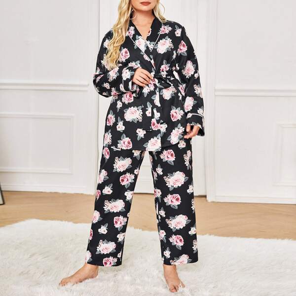 

Plus Allover Floral Print Belted Pajama Set, Multicolor