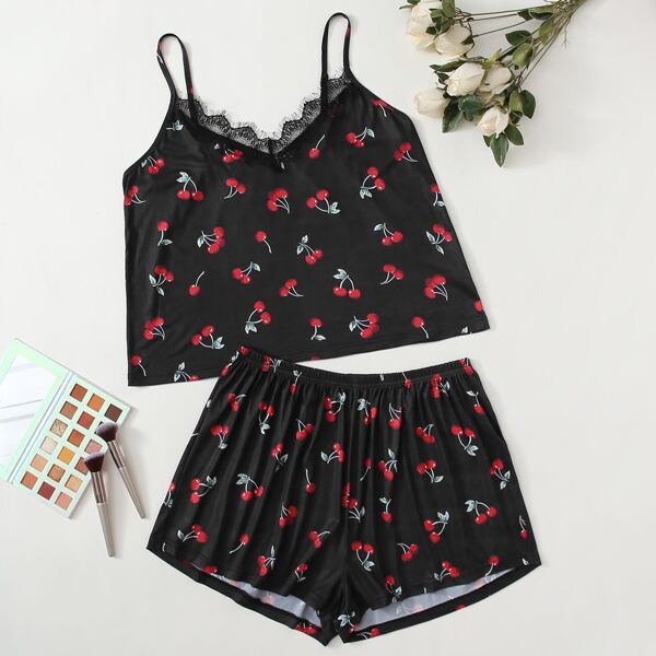 

Plus Cherry Print Lace Trim Cami Pajama Set, Black