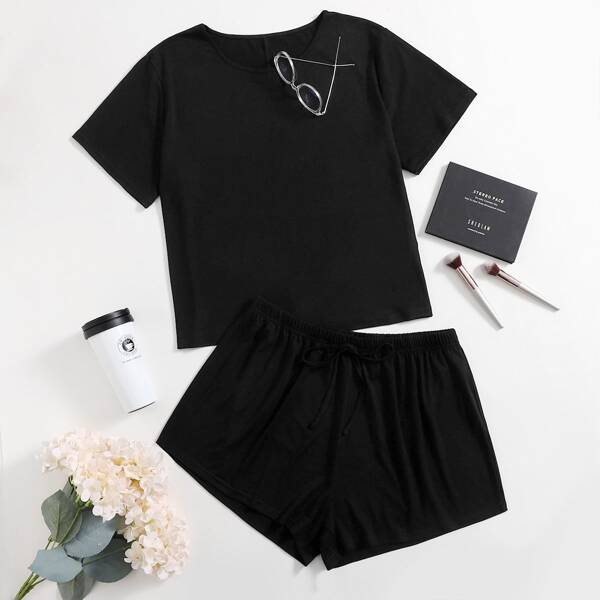 

Plus Solid Round Neck Tee & Shorts PJ Set, Black
