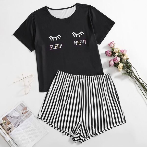 

Plus Letter Graphic Striped PJ Set, Black and white