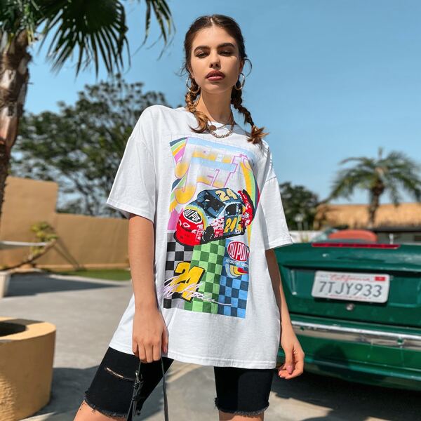 

Car And Letter Graphic Drop Shoulder Tee, White
