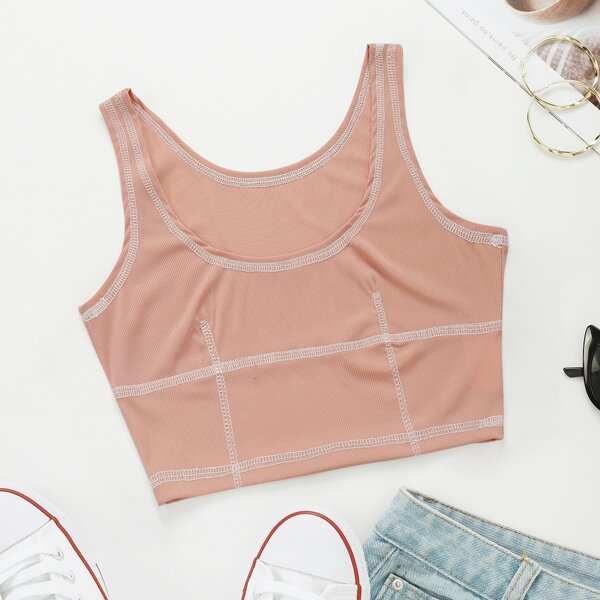 

Scoop Neck Topstitching Tank Top, Coral pink