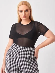 SHEIN Privé Plus Mesh Top Without Bra - Black - View 1