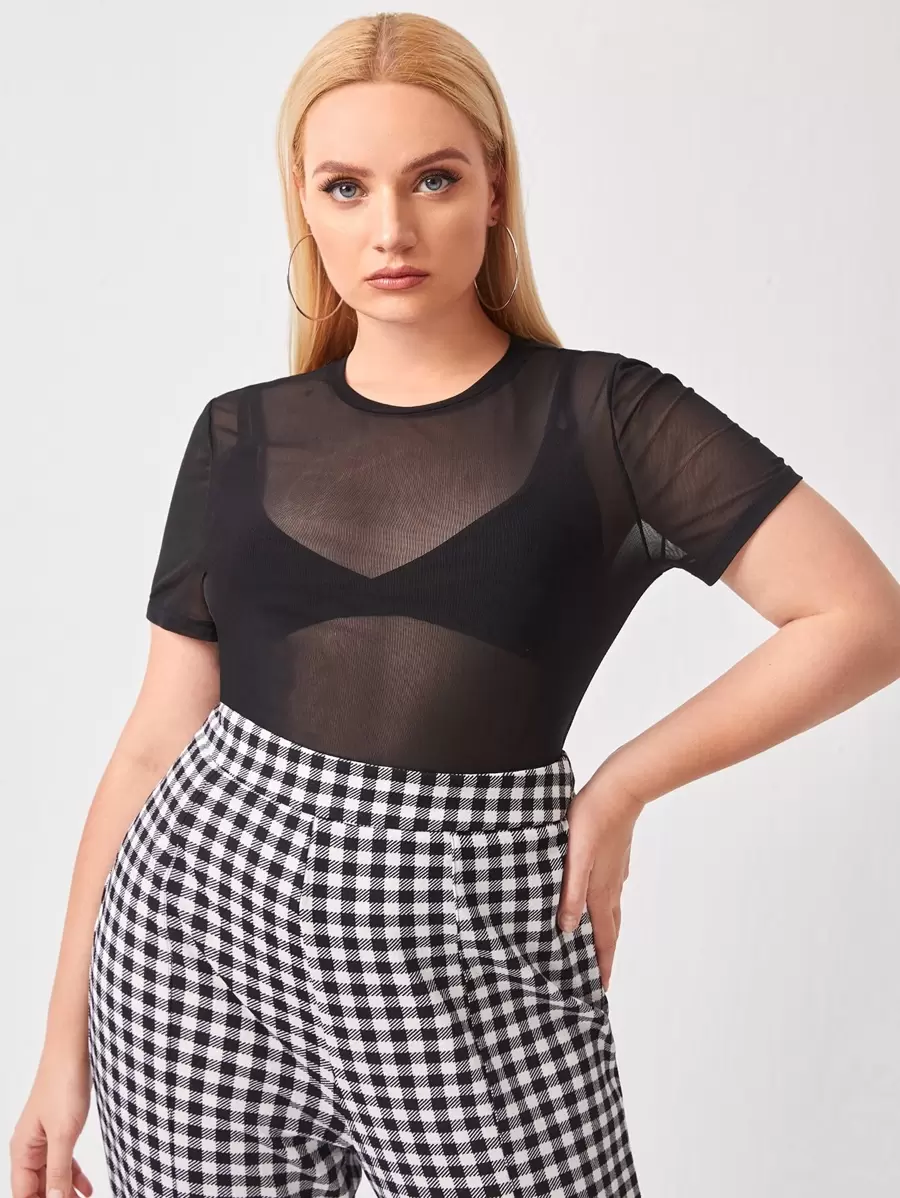 SHEIN Privé Plus Mesh Top Without Bra - Black - View 1