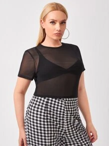 SHEIN Privé Plus Mesh Top Without Bra - Black - View 3