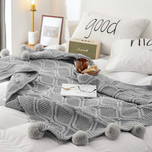 

Pom Pom Decor Knitted Blanket, Grey