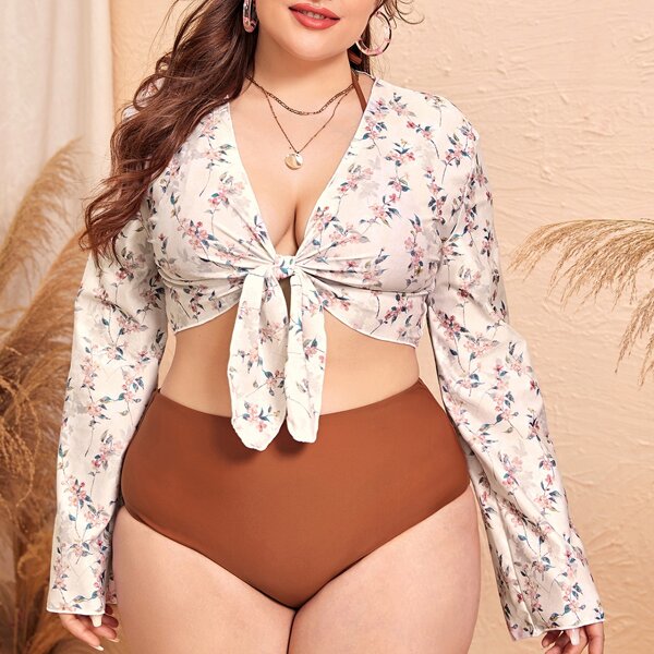 

3pack Plus Triangle Bikini Swimsuit & Floral Kimono, Multicolor