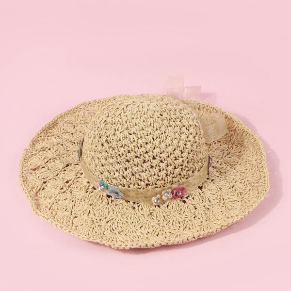 

Flower Decor Straw Hat, Beige