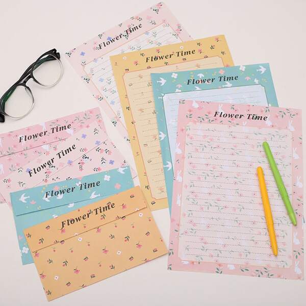 

6sheets Flower Print Random Writing Paper & 3pcs Envelope, Multicolor