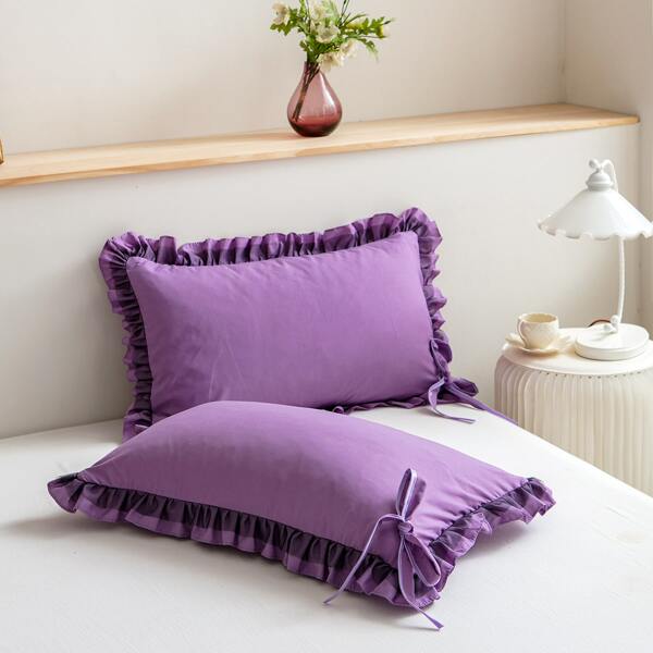

1pair Ruffle Trim Pillowcase Without Filler, Purple