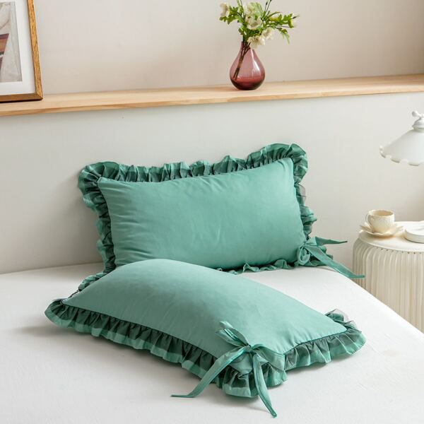 

1pair Ruffle Trim Pillowcase Without Filler, Mint green