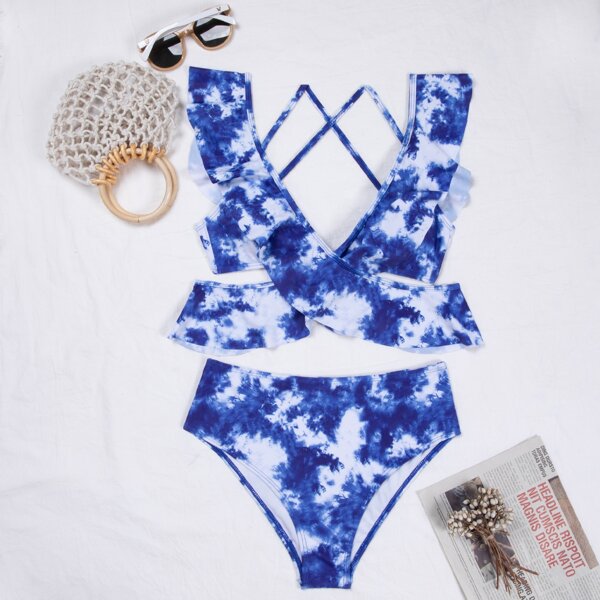 

Tie Dye Ruffle Trim Bikini Swimsuit, Blue and white
