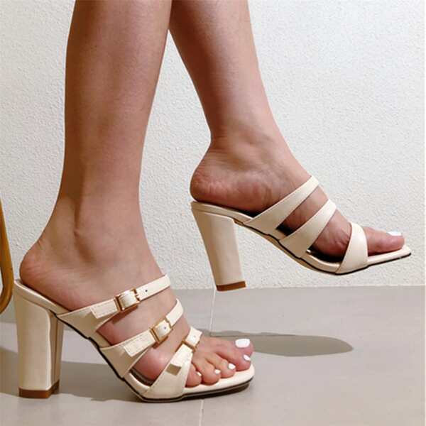 

Buckle Design Chunky Heeled Mule Sandals, Beige