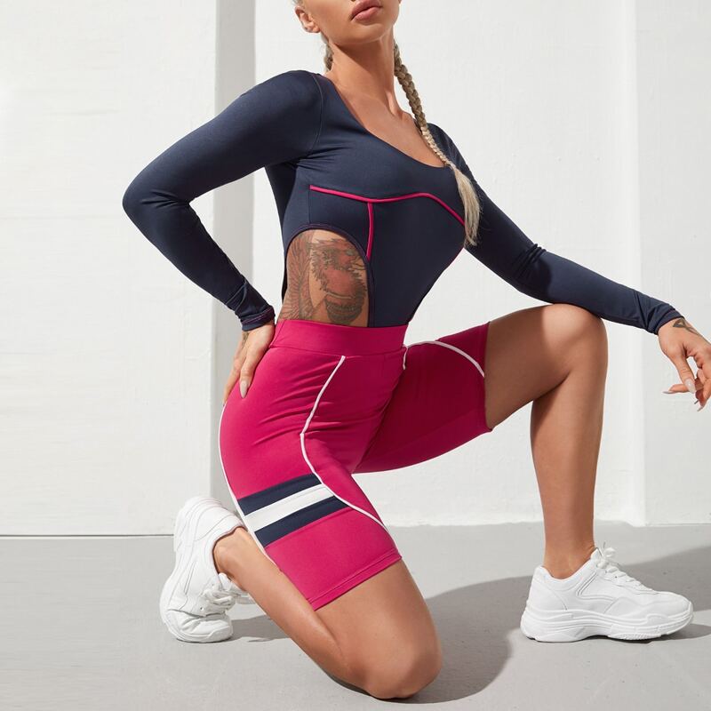 

Contrast Piping High Cut Sports Bodysuit & Biker Shorts, Multicolor