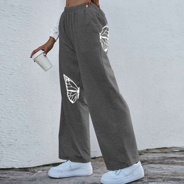 

Butterfly Print Elastic Waist Sweatpants, Dark grey