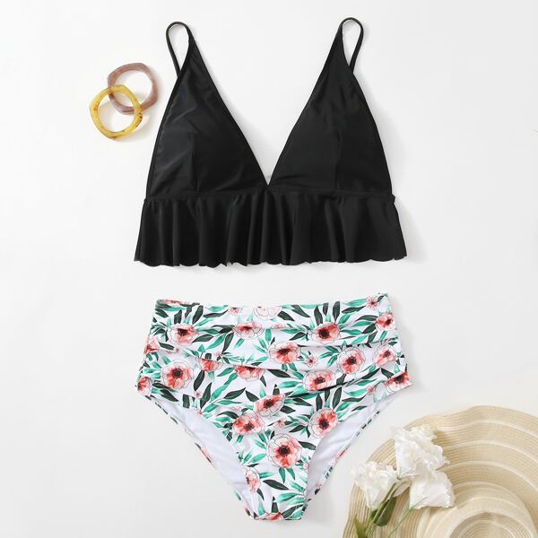 

Plus Floral Ruffle Hem Bikini Swimsuit, Multicolor